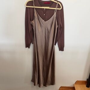 Elegant Brown Slip Dress with Coordinating Cardigan
